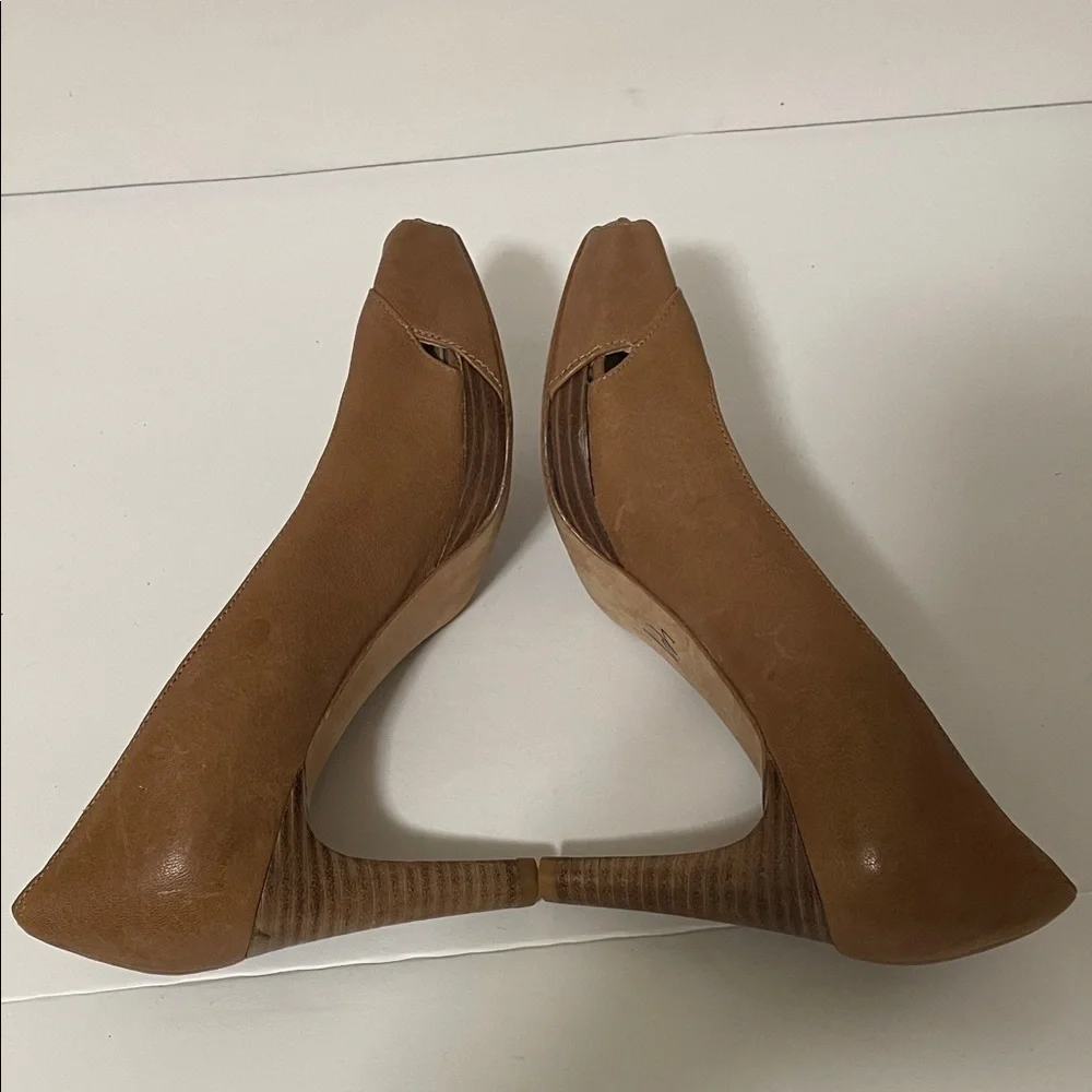 Stuart Weitzman Tan Peep-Toe Heels